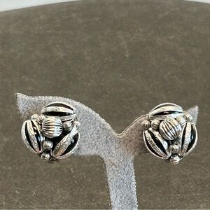 Japan vintage silver tone beaded clustered clip on earrings
